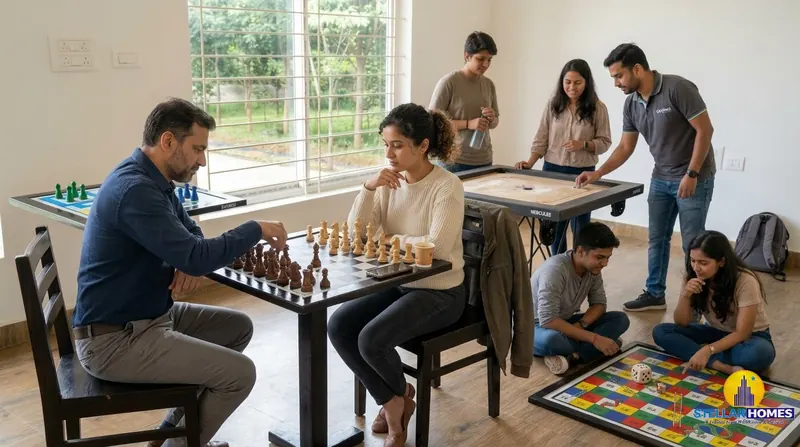 Residents playing chess, carrom and ludo together in the sunlit indoor games room at the Stellar Mulberry clubhouse