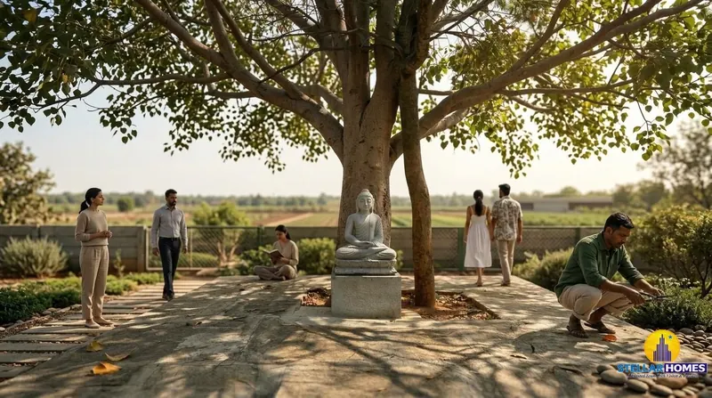 Residents relaxing in the meditation garden mini forest at Stellar Mulberry, gathered around a stone Buddha statue beneath a large Bodhi tree, with open farmland visible beyond the boundary fence