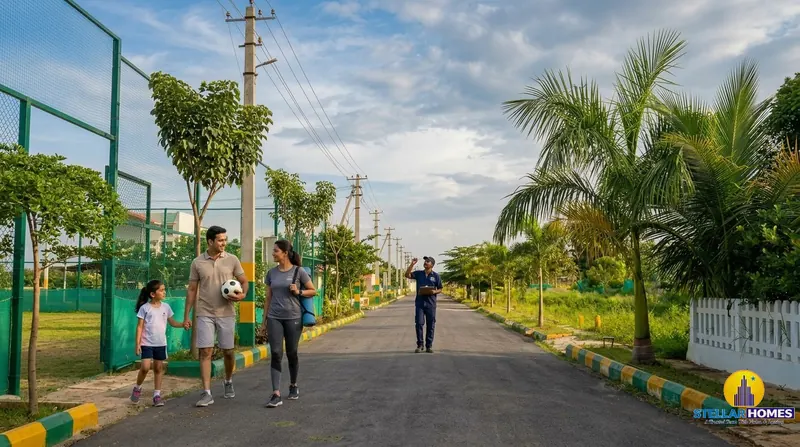 A family walking their internal avenue road at Stellar Mulberry, lined with palm trees, curbed footpaths and a fenced sports court, with a security guard patrolling nearby