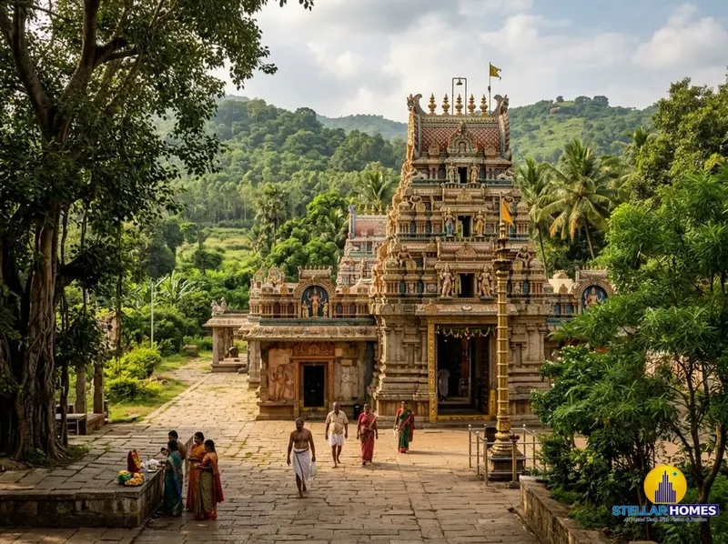 Forest-set Ghati Subramanya Temple complex nestled among dense greenery and natural rock formations