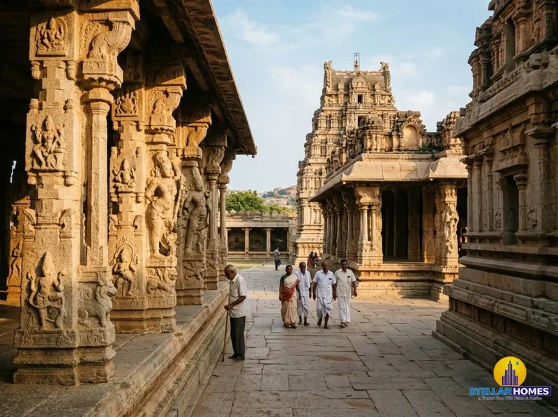 Intricately carved stone architecture and giant monolithic Nandi at the historic Veerabhadra Temple in Lepakshi