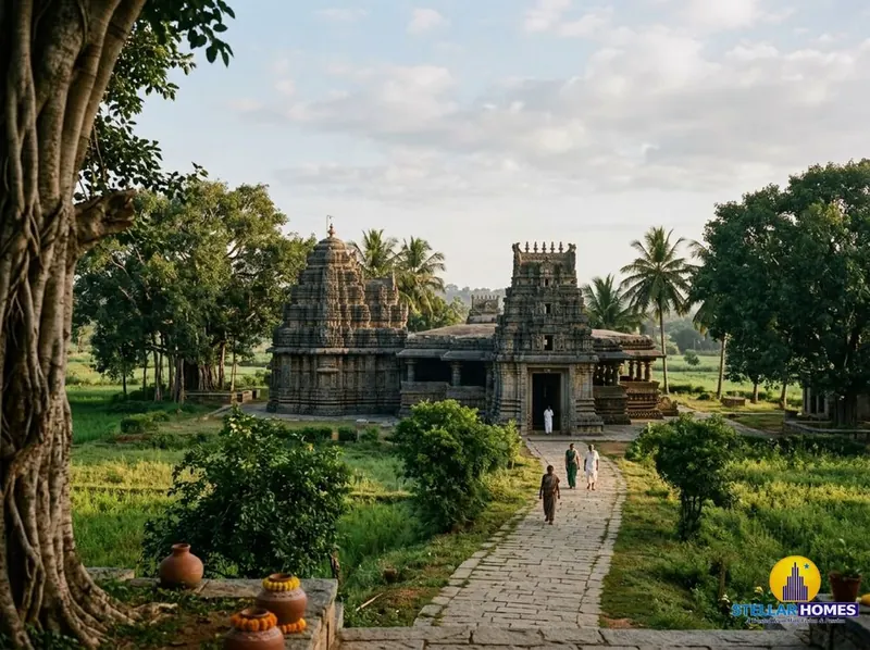 Traditional South Indian temple architecture at Rangasthala, with carved stone pillars and a quiet courtyard