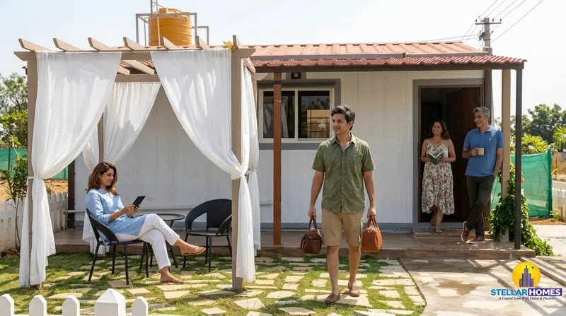 A draped outdoor cabana lounge with seating outside a villa at Stellar Mulberry, with residents chatting nearby