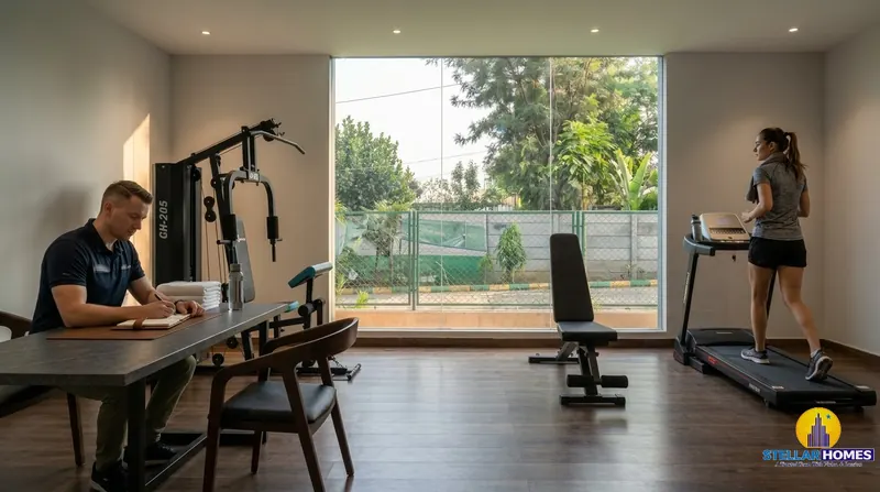 Another angle of the Stellar Mulberry clubhouse gym, with a resident running on a treadmill by the window and a trainer noting a workout log at a table