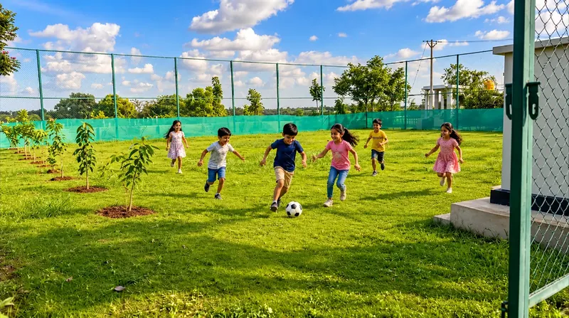 Children playing football on the open grass lawn at Stellar Mulberry, with a row of young saplings and a green-netted boundary fence behind them