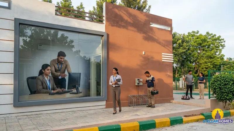 Stellar Homes staff working inside the on-site management office building, with a maintenance technician outside