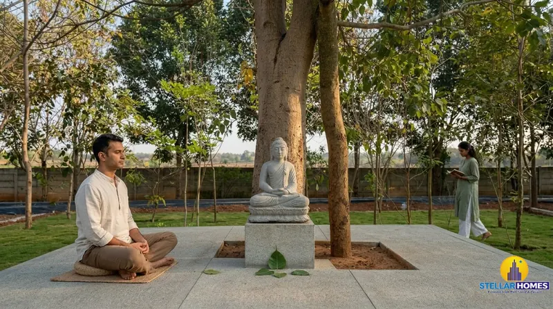 A resident meditating beside a stone Buddha statue under a tree in the Stellar Mulberry community meditation garden