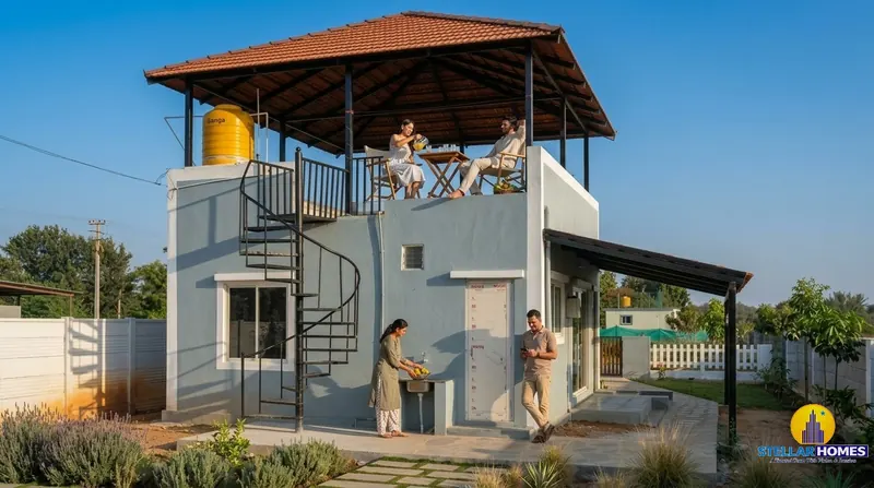 Residents relaxing under a rooftop gazebo at a Stellar Mulberry villa, with a spiral staircase and an overhead water tank
