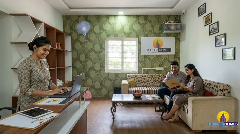 A couple reviewing a Stellar Homes project brochure with an advisor inside the branded experience center lounge