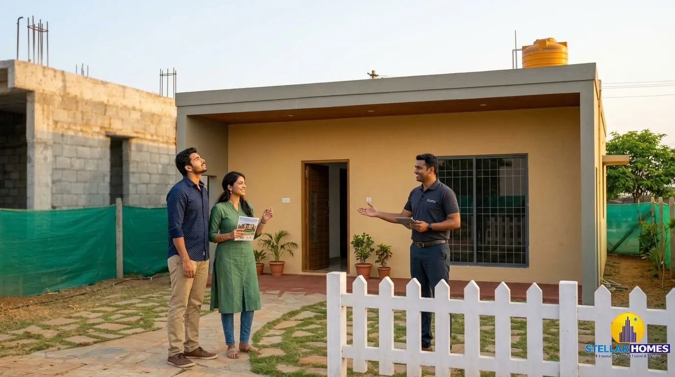 A property advisor showing a completed home to a prospective buyer couple at Stellar Mulberry