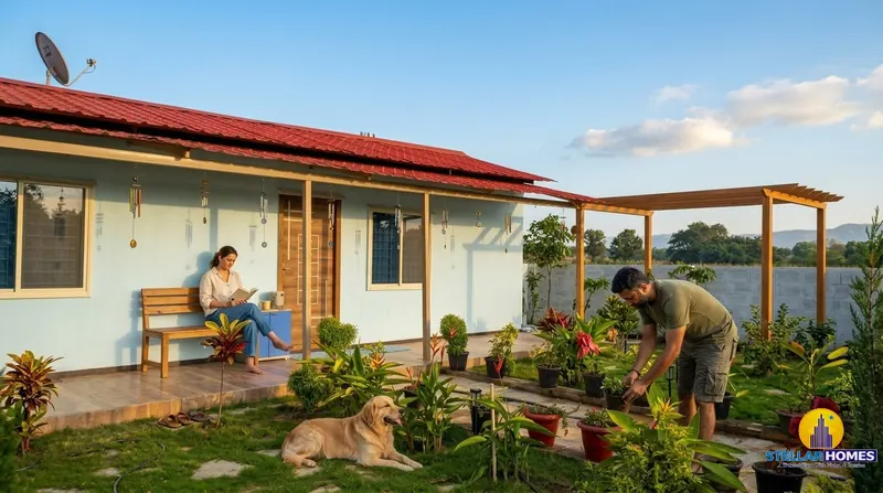 A family relaxing on the porch of their finished villa at Stellar Mulberry, with a dog resting on the lawn and a resident tending a flowering garden bed