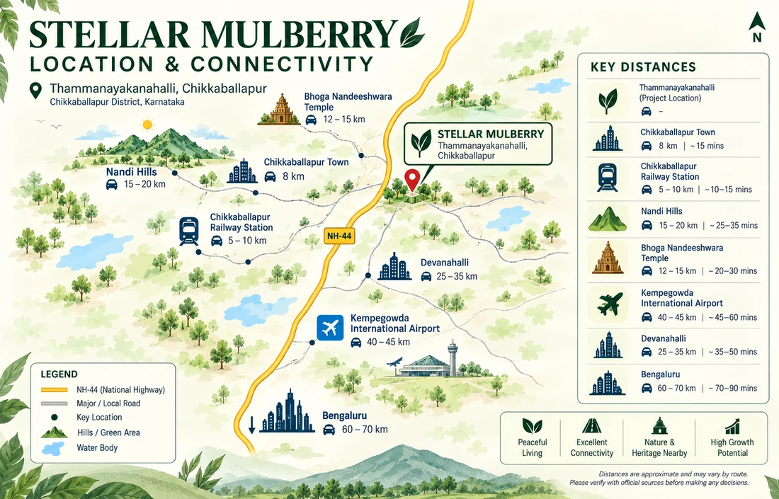 Location and connectivity map of Stellar Mulberry at Thammanayakanahalli, Chikkaballapur, showing the NH-44 corridor to Bengaluru with distances and drive times: Chikkaballapur town 8 km, railway station 5–10 km, Nandi Hills 15–20 km, Bhoga Nandeeshwara Temple 12–15 km, Devanahalli 25–35 km, Kempegowda International Airport 40–45 km and Bengaluru 60–70 km