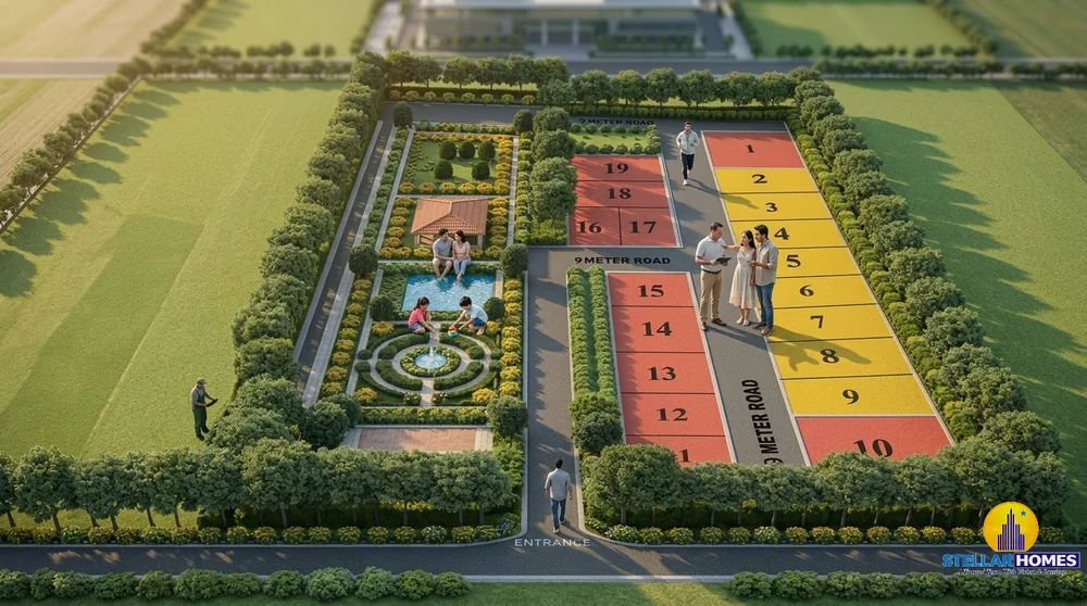 Stellar Mulberry Phase 2 survey layout plan showing numbered residential plots along 9 metre and 12 metre internal roads, a central landscaped garden, kids' pool and gazebo, and the entrance avenue